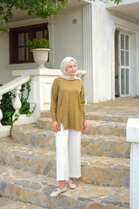 Ön Düğme Detay Tunik Koyu Yeşil