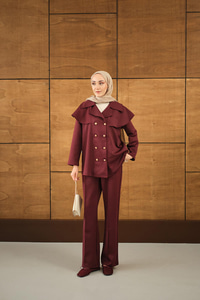 Ön Düğme Ve Biye Detaylı İkili Takım Bordo