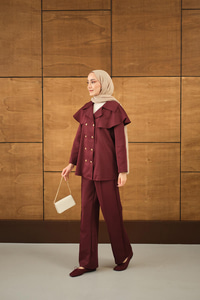 Ön Düğme Ve Biye Detaylı İkili Takım Bordo