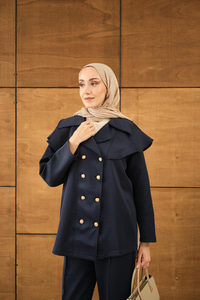 Ön Düğme Ve Biye Detaylı İkili Takım Lacivert