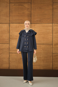 Ön Düğme Ve Biye Detaylı İkili Takım Lacivert