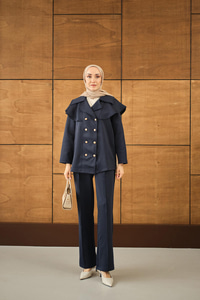 Ön Düğme Ve Biye Detaylı İkili Takım Lacivert