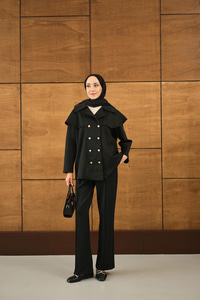 Ön Düğme Ve Biye Detaylı İkili Takım Siyah