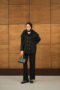 Ön Düğme Ve Biye Detaylı İkili Takım Siyah