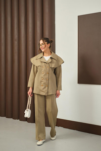 Ön Düğme Ve Biye Detaylı İkili Takım Yeşil