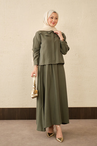 Ön Gizli Düğme Dtay Kısa Gömlek Takım Yeşil