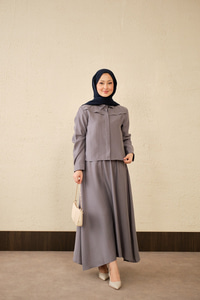 Ön Gizli Düğme Dtay Kısa Gömlek Takım Gri