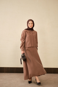 Ön Gizli Düğme Dtay Kısa Gömlek Takım Kahverengi