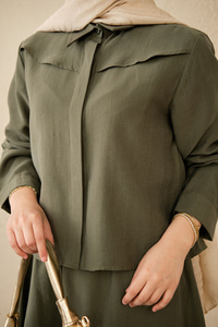 Ön Gizli Düğme Dtay Kısa Gömlek Takım Yeşil