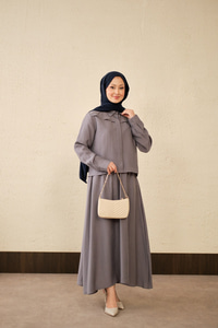 Ön Gizli Düğme Dtay Kısa Gömlek Takım Gri