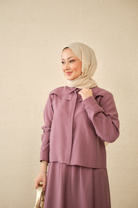 Ön Gizli Düğme Dtay Kısa Gömlek Takım Mürdüm