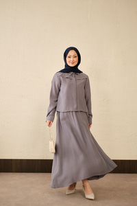 Ön Gizli Düğme Dtay Kısa Gömlek Takım Gri