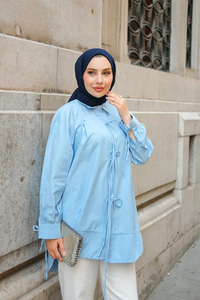 Ön Kurdele Detay Oval Kesim Gömlek  Bebe Mavi