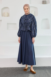 Ön Kurdele Detaylı Kot Görünümlü Takım Mavi