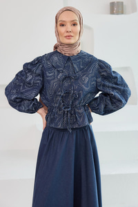 Ön Kurdele Detaylı Kot Görünümlü Takım Mavi