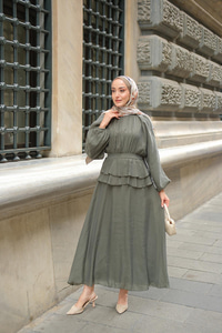 Ön Parça Tül Elbise Koyu Yeşil