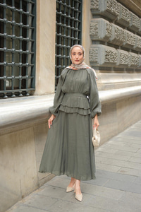 Ön Parça Tül Elbise Koyu Yeşil