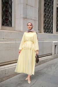 Ön Parça Tül Elbise Sarı