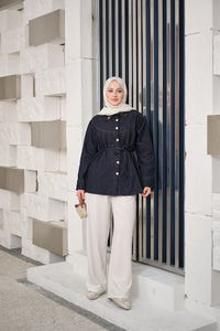 Ön Pileli Gold Düğme Detay Gömlek Lacivert