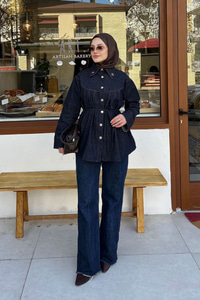 Ön Pileli Gold Düğme Detay Gömlek Lacivert