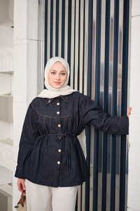 Ön Pileli Gold Düğme Detay Gömlek Lacivert