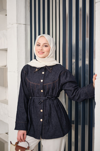 Ön Pileli Gold Düğme Detay Gömlek Lacivert