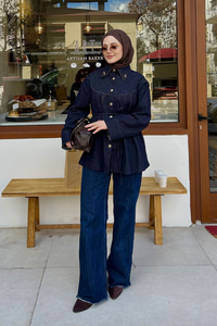 Ön Pileli Gold Düğme Detay Gömlek Lacivert