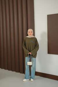 Ön Ve Arka Yazı Baskılı Sweat Haki Yeşil