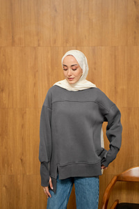 Ön Yırtmaç Ve Parmak Detaylı Sweat Füme