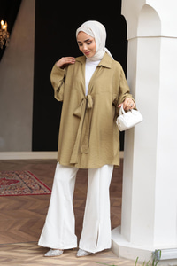 Önden Bağlamalı Salaş Gömlek Yağ Yeşil