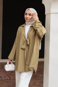 Önden Bağlamalı Salaş Gömlek Yağ Yeşil