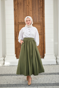 Önden Büzgülü Çift Cepli Etek Haki Yeşil