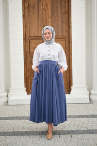 Önden Büzgülü Çift Cepli Etek İndigo Mavi