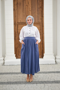 Önden Büzgülü Çift Cepli Etek İndigo Mavi