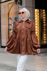 Önden Fermuarlı Eteği Fırfırlı Tunik Kahverengi