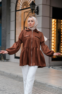 Önden Fermuarlı Eteği Fırfırlı Tunik Kahverengi