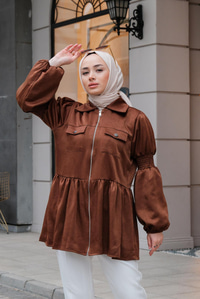 Önden Fermuarlı Eteği Fırfırlı Tunik Kahverengi