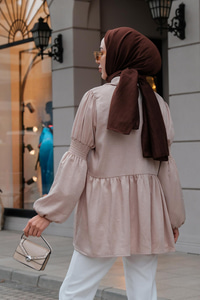 Önden Fermuarlı Eteği Fırfırlı Tunik Krem