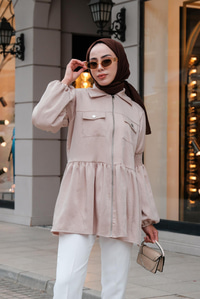 Önden Fermuarlı Eteği Fırfırlı Tunik Krem