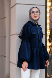 Önden Fermuarlı Eteği Fırfırlı Tunik Lacivert