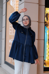 Önden Fermuarlı Eteği Fırfırlı Tunik Lacivert