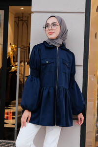 Önden Fermuarlı Eteği Fırfırlı Tunik Lacivert