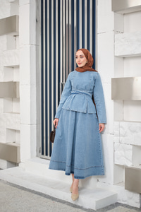 Önden Yırtmaçlı Beli Kemerli Takım Buz Mavi