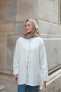 Önü Bağlamalı Oversize Kimono Ekru