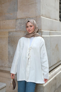 Önü Bağlamalı Oversize Kimono Ekru