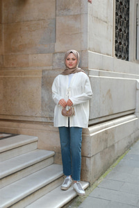 Önü Bağlamalı Oversize Kimono Ekru