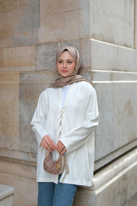 Önü Bağlamalı Oversize Kimono Ekru