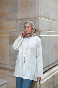 Önü Bağlamalı Oversize Kimono Ekru
