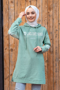 Uygun Fiyatlı ONU BASKILI KAPSONLU TUNIK MINT YESIL | Loccomoda.com 
