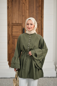 Önü Brit Düğme Detay Nervurlu Bel Bağlamalı Gömlek Yeşil